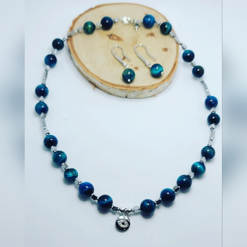 Blue Tiger Eye , Evil Eye Charm necklace and earrings set